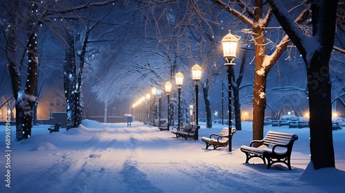 At night, there is a winter park with trees covered in snow, benches, and lanterns.