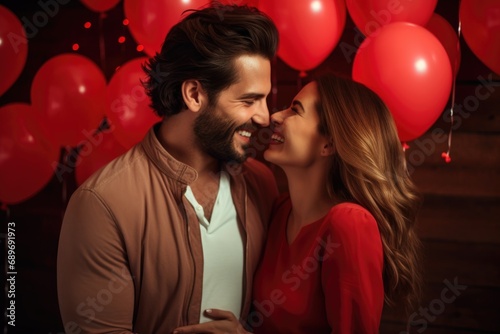 Enamored pair at celebration. Image captures joyful duo, faces beaming with affection, poised for intimate moment. Valentine's Day bliss unfolds against backdrop of vibrant red balloons. Generated AI © ActionGP
