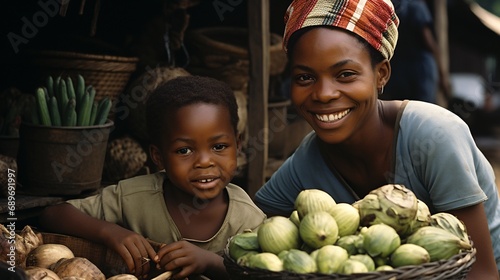 An African seller  parent and offspring  vending onions  cabbage  and tomatoes.