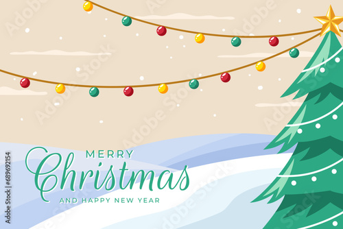 Christmas greetings banner with christmas tree with decorated lights on winter landscape