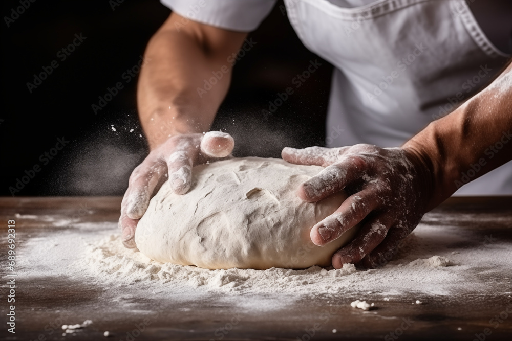A baker dusting flour on dough, with space for messages on the simplicity of baking