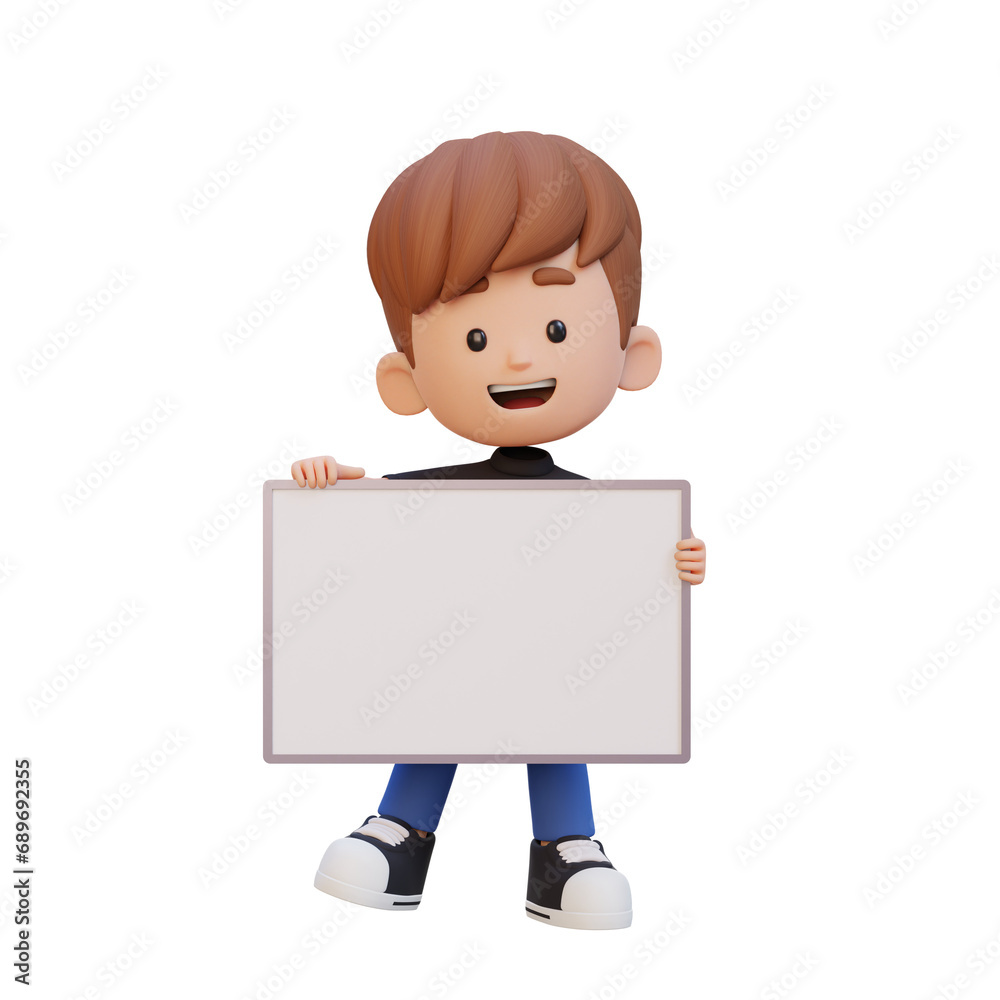 3D kid character holding a blank placard
