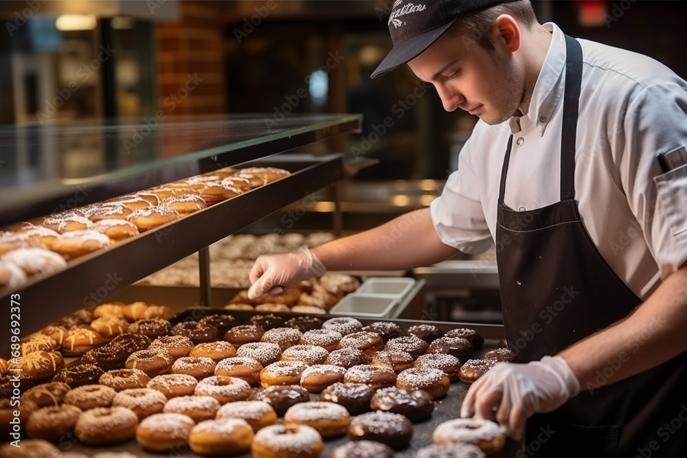 A baker preparing doughnuts with various toppings, with space for quotes on sweet indulgences