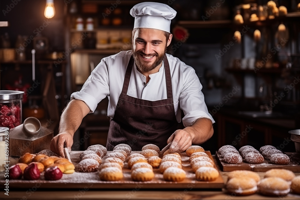 A baker preparing doughnuts with various toppings, with space for quotes on sweet indulgences
