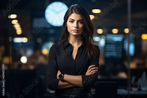 Resolute to succeed at any expense, a beautiful female executive stands alone with crossed arms in the office during a late work schedule.