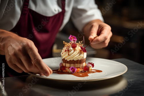 Finishing touches on a handcrafted dessert, leaving space for quotes on dessert finesse