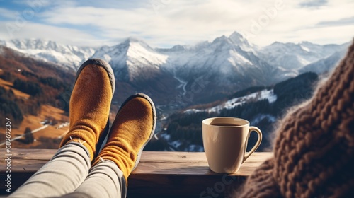 A woman enjoys a hot beverage while admiring the snowy Alps, with her feet snug in woolen socks.