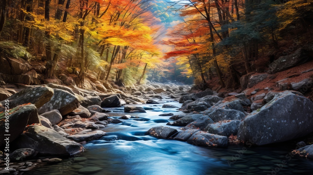Fototapeta premium The colors of autumn mountain ravine are seen in a tranquil scene.