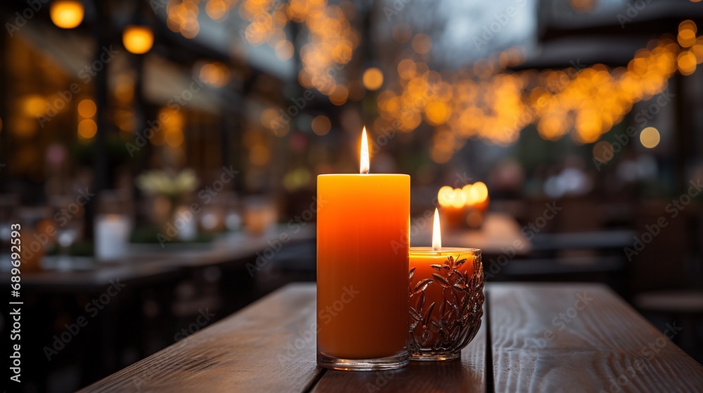 A glowing candle adds warmth to the wintry ambiance of an al fresco dining spot, with a selective blur in the background. - obrazy, fototapety, plakaty 