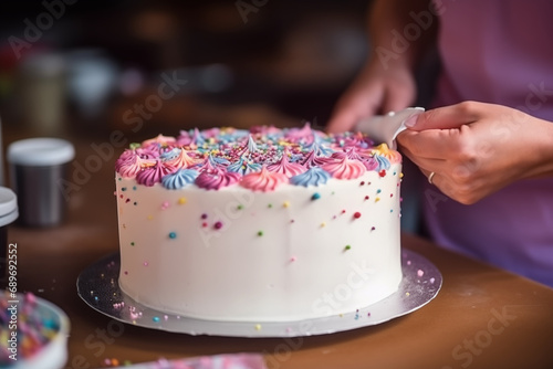 Decorating a birthday cake with vibrant colors  leaving room for messages on cake celebration