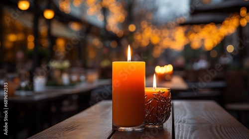 A glowing candle adds warmth to the wintry ambiance of an al fresco dining spot, with a selective blur in the background.
