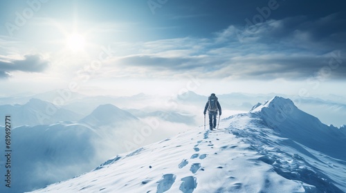 A male climber trekking on snowy mountain ridge in a blizzard during dawn. © ckybe