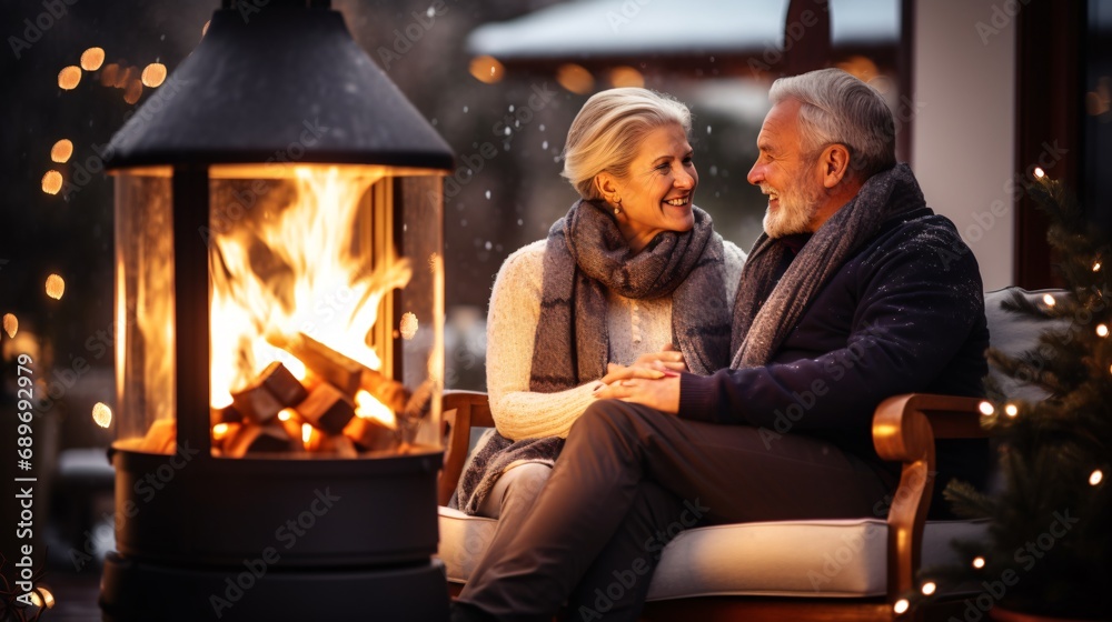 Elderly duo relaxing and warming up at outside firepit during chilly night.