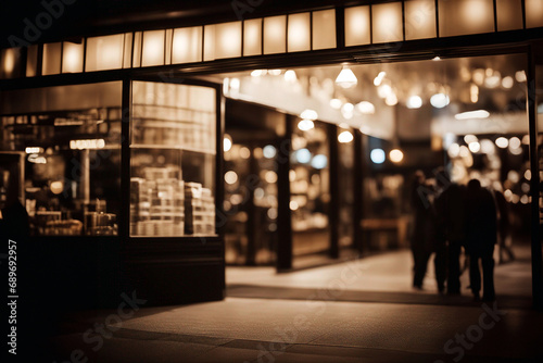 Shop window. Store showcase. Glare in the store window. Bokeh effect. Selective focus. AI generated