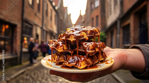 Traveler enjoys famous street snack - Belgian delectable waffle with chocolate drizzle in the charming streets of Belgium, Europe. Traditional sweet treat. photo