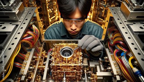 Technician working on a quantum computer .Quantum computing utilizes quantum mechanics to solve complex problems faster than on classical computers.man working on a quantum computer