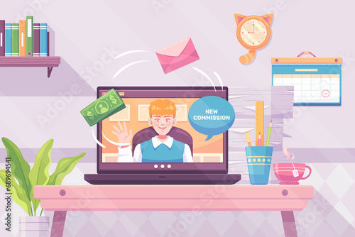 Teleworking illustration background with a man on a videocall on computer