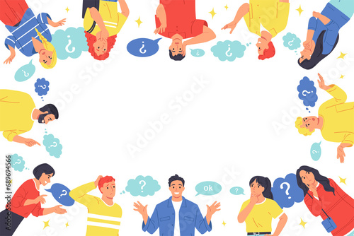Flat young people asking questions on white background with oval frame