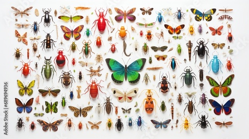 a vibrant array of colorful insects arranged intricately on a white surface. The lively hues and intricate details showcase the beauty of nature's tiny creatures.