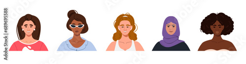 Vector set of avatars of modern multicultural multinational women with different hairstyles. Portraits of young women of various races in the flat style