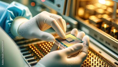 Worker packing a microchip in a factory ready for shipping. Taiwan produces over 60% of the world's semiconductors and over 90% of the most advanced ones photo