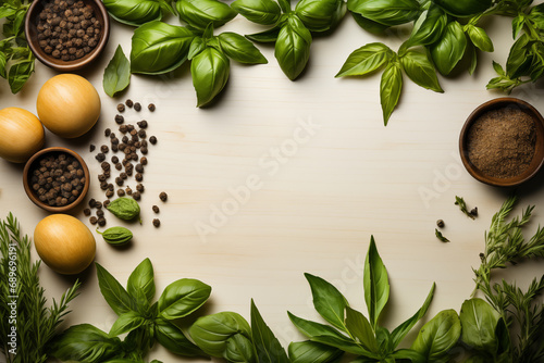 Mediterranean Flavors: Aromatic Ingredients, Basil, and Spices on a Wooden Table