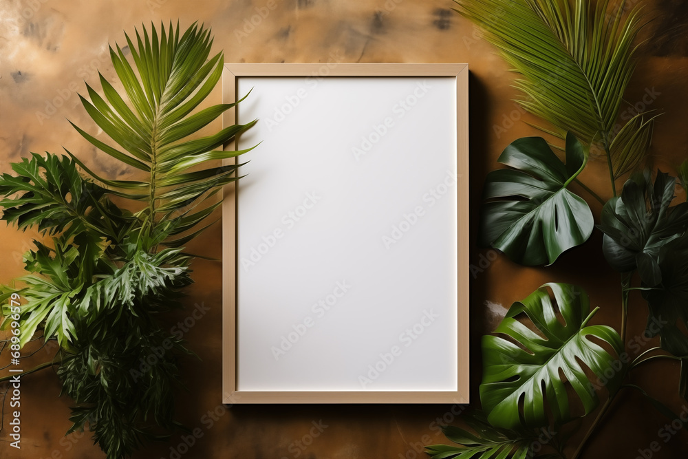 Creative Home Decor: Minimal Wooden Frame with Greenery and Copy Space, Simple Poster Frame with Tropical Palm Leaves