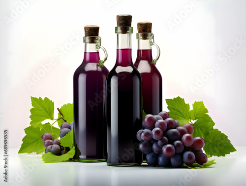 Wine with grapes in glass bottles on a light background. High quality