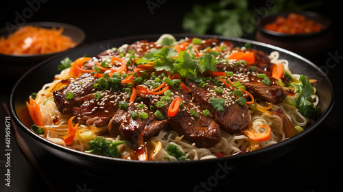 Stir fry noodles with vegetables and beef in black bowl. Slate background. Generative AI