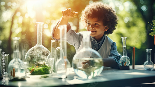 Canvastavla A little boy who dreams of being a scientist is doing a science experiment