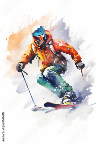 a colourful sketch of someone skiing isolated on a white background  