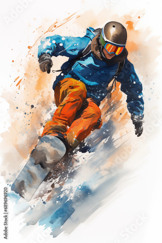 a colourful sketch of a snowboarder isolated on a white background 