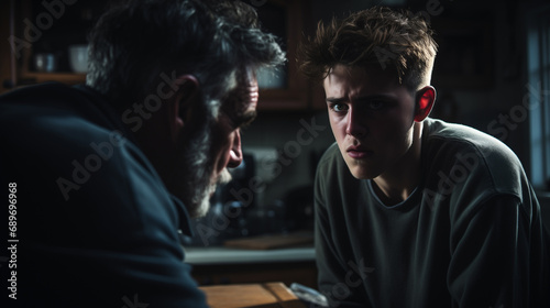 Young man sits at kitchen table and looks seriously at older man. Scene represents serious conversation between two people. © Damian