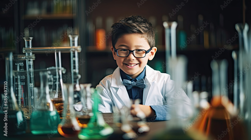 A little boy who dreams of being a scientist is doing a science experiment.