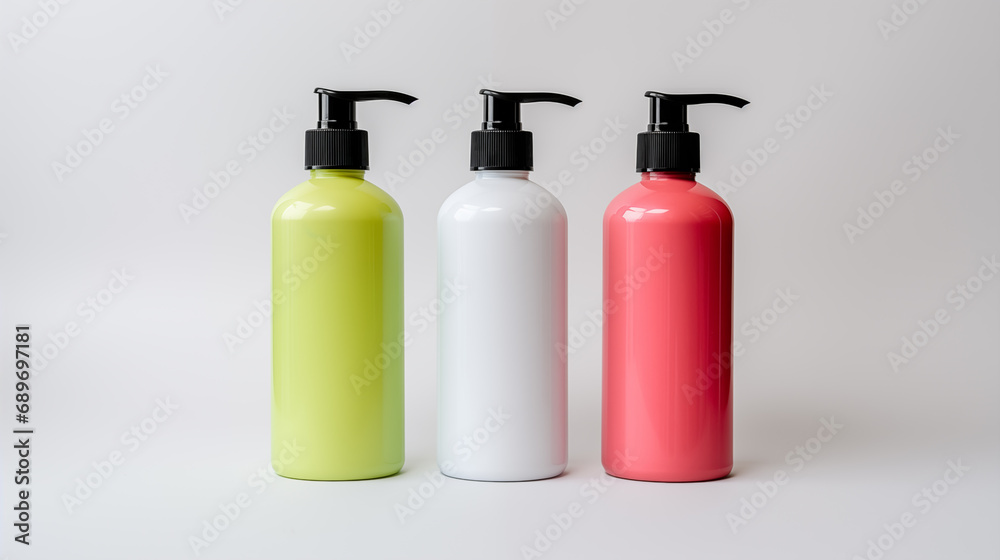 Vivid trio of bottles with sleek black caps. Versatile packaging visuals for cosmetics, beverages, or product branding. Vivid trio of bottles with sleek black caps. Versatile packaging visuals for cosmetics, beverages, or product branding.