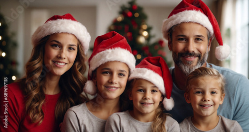 Christmas portrait of smiling Caucasian family in red Santa hats at home. Mother, father, two daughters and a son.