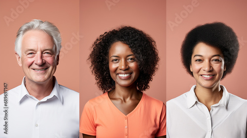 Collage featuring three diverse individuals with varied skin tones and hairstyles, all smiling confidently into camera. Set against neutral beige background. Ideal for multicultural campaigns.