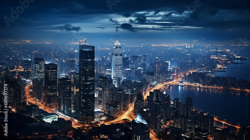 Stunning aerial view of bustling cityscape at night. City is filled with tall skyscrapers, illuminated streets, large body of water in distance. Sky is dark and cloudy, adding dramatic touch to scene.