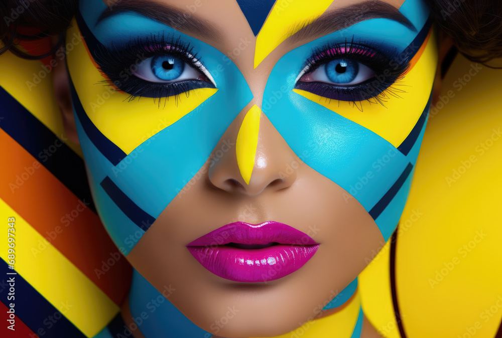 Artistic makeup with vibrant geometric patterns on a woman's face. Artistic makeup with vibrant geometric patterns on a woman's face.