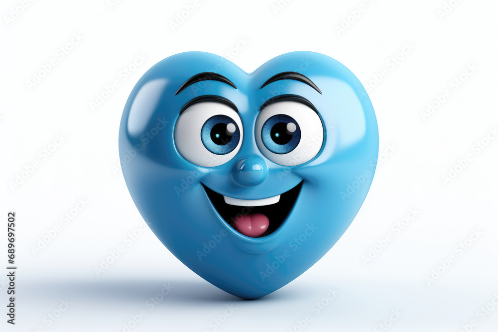 Fototapeta premium Cheerful blue heart character laughing joyously with wide eyes and a broad smile. Perfect for love-themed graphics, animations, and Valentine's Day promotions. Captures pure elation.