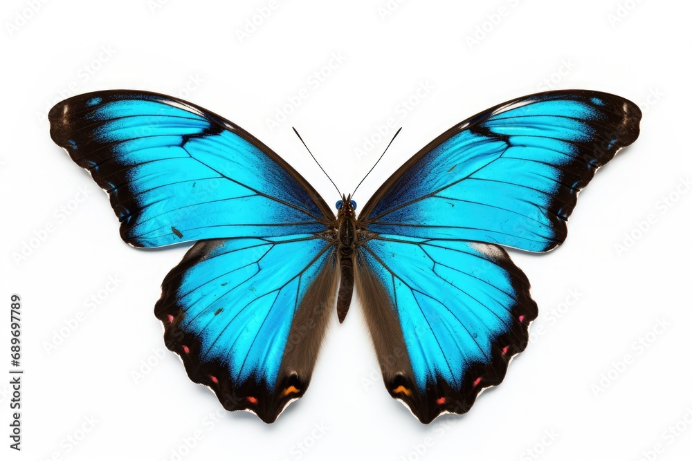 Obraz premium A blue butterfly with black wings on a white background