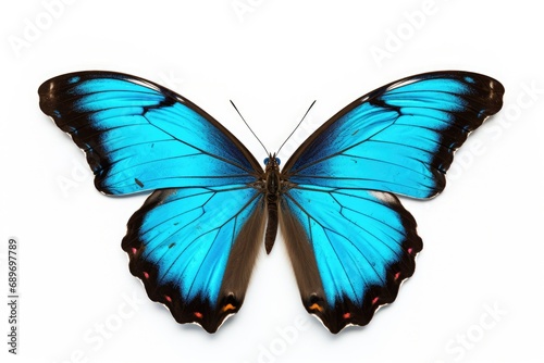 A blue butterfly with black wings on a white background