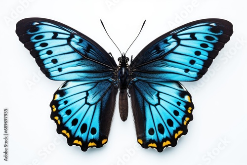 A blue and yellow butterfly on a white background