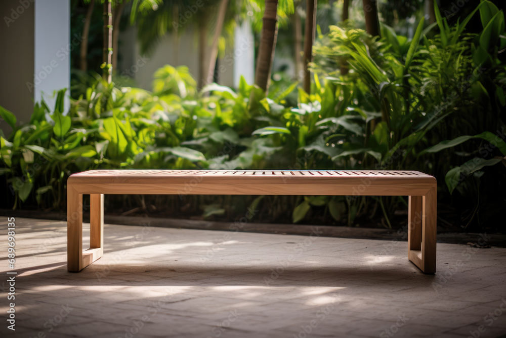 Sleek wooden bench in a lush garden setting, blending nature with minimalist design. Sleek wooden bench in a lush garden setting, blending nature with minimalist design.