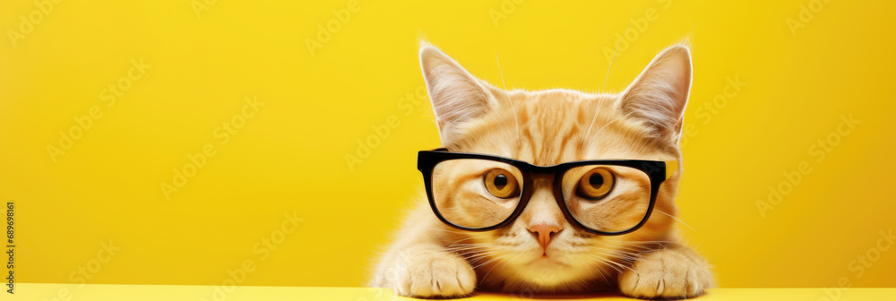 Ginger cat peeking over table in glasses, against a bright yellow backdrop.