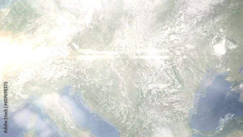 Zoom in from space and focus on Cegled, Hungary. 3D Animation. Background for travel intro. Elements of this image furnished by NASA photo