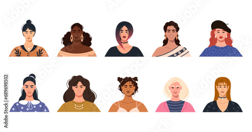 A collection of vector avatars of modern multicultural multinational women with different hairstyles. A set of portraits of young women of different races. Bright vector illustration in a flat style