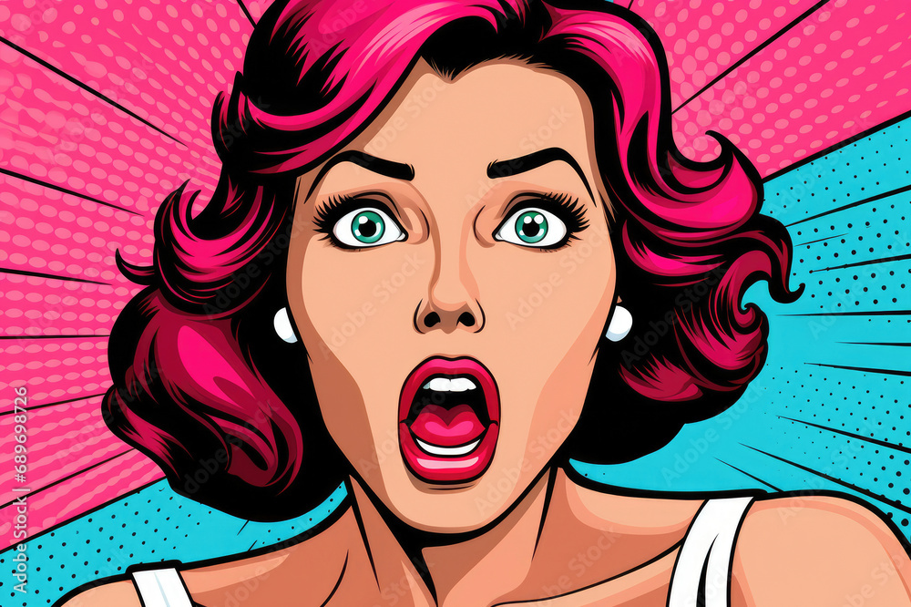 Retro pop art illustration of a surprised woman with pink hair and vibrant contrasting background.
