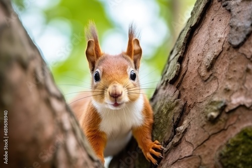 A squirrel is standing on a tree branch © pham