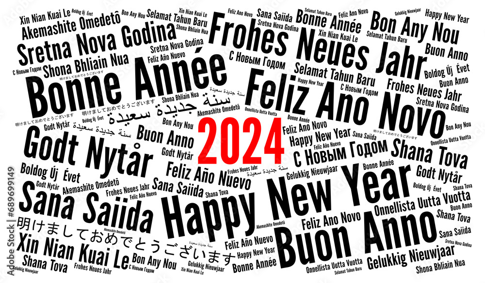 Happy New Year 2024 word cloud in different languages Happy New Year 2024 word cloud in different languages